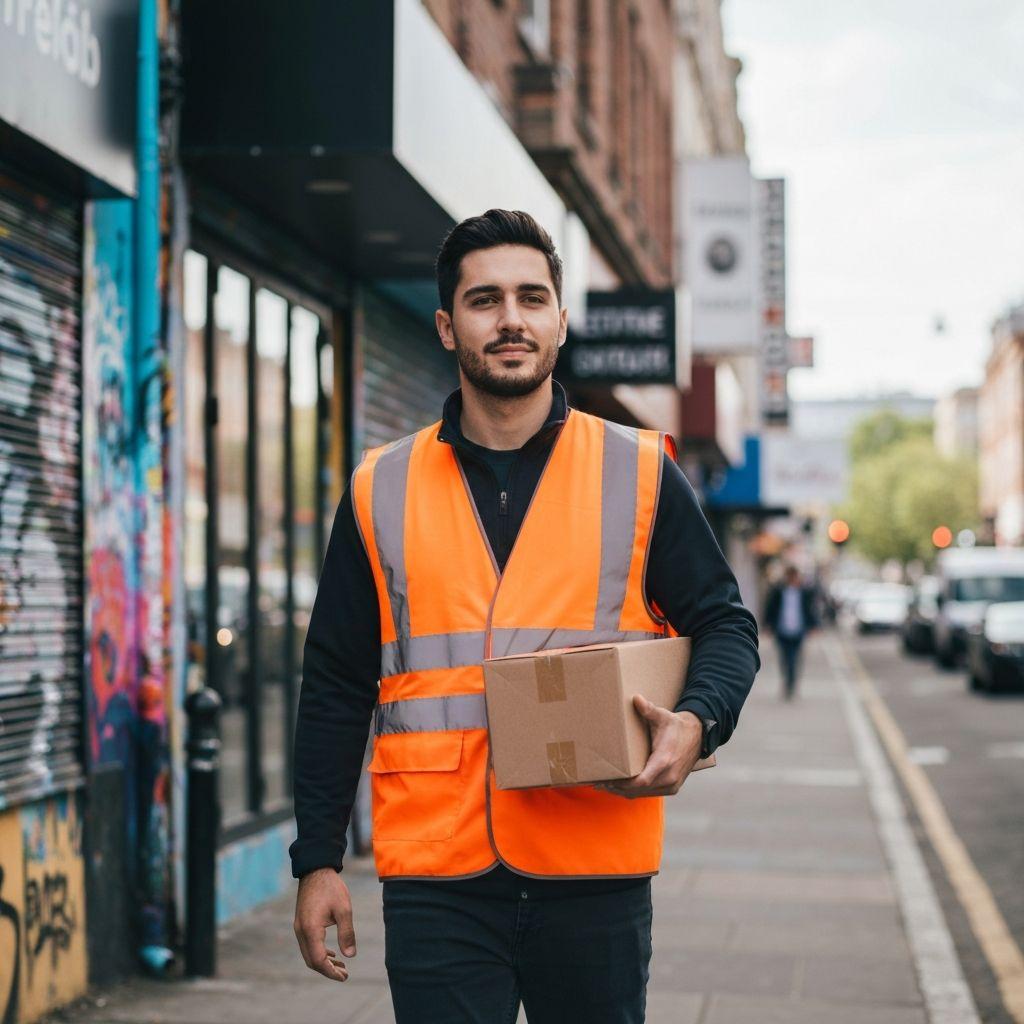 Professional delivery driver in orange safety vest holding package
